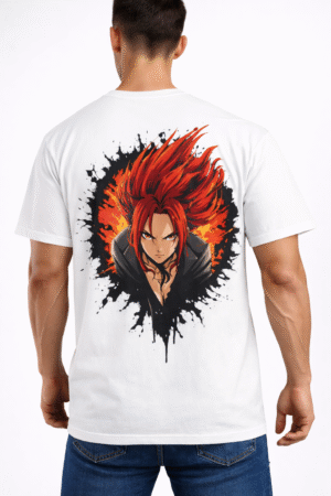 men’s white anime warrior graphic printed t shirt – intense red aura back design