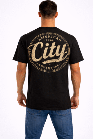 men’s black city adventure printed back t shirt