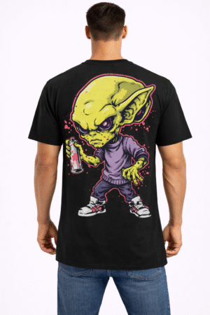 men’s black alien graffiti back printed t shirt