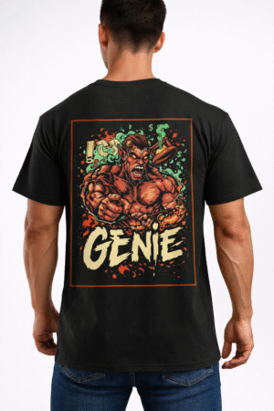 men’s black genie graphic printed t shirt – street art back design
