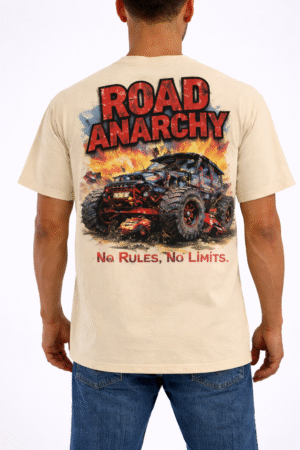 men’s graphic printed beige cotton t shirt with back print (road anarchy design)