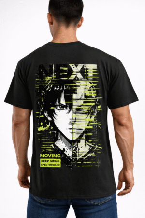 men’s black anime glitch graphic printed t shirt – “next moving” back design
