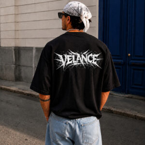 "velance" metallic chrome graphic black oversized t shirt